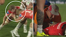(On the left) Jack De Belin and Hamish Stewart clash heads and (on the right) Hame Sale receiving medical attention.