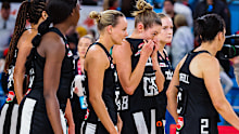 Cropped: Magpies walk off after their loss during the round 10 Super Netball match between NSW Swifts and Collingwood Magpies at Ken Rosewall Arena, on May 21, 2023, in Sydney, Australia. (Photo by Jenny Evans/Getty Images)
