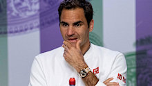 Switzerland's Roger Federer reacts during the press conference 