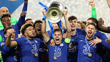 Cesar Azpilicueta of Chelsea lifts the Champions League trophy following victory in the final over Manchester City.