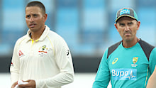 Usman Khawaja (left) and Justin Langer in the UAE in 2018.