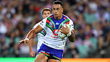 New Zealand Warriors winger Ken Maumalo runs the footy.