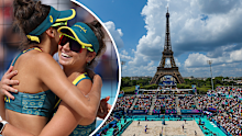 Mariafe Artacho del Solar and Taliqua Clancy (inset) and the Eiffel Tower Stadium in Paris.