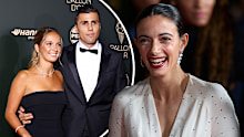 Men's Ballon D'Or winner Rodri poses with his partner Laura Iglesias (left) and women's Ballon D'Or winner Aitana Bonmatí poses (left).