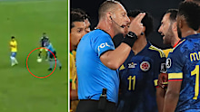 Colombia protest with referee Pitana after his interference led to a goal for Brazil.