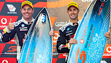 Craig Lowndes and Jamie Whincup after winning the first race at the Gold Coast 600.