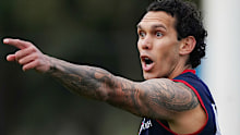 Harley Bennell runs with the ball during an AFL Melbourne Football Club training session 