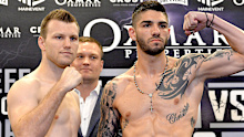  Jeff Horn and Michael Zerafa pose to the cameras during the weigh in
