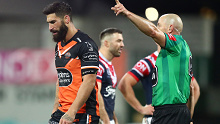 James Tamou is sent from the field against the Sydney Roosters.