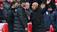 Jurgen Klopp and Pep Guardiola exchange words during Liverpool's match with Man City.
