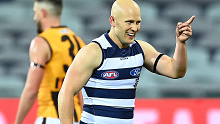 Gary Ablett of the Cats celebrates kicking a goal