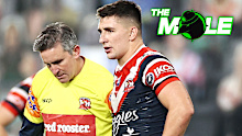 Victor Radley of the Roosters leaves the field with an ACL injury