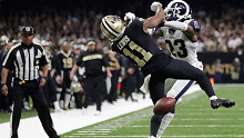 New Orleans Saints wide receiver Tommylee Lewis works for a catch against Los Angeles Rams defensive back Nickell Robey-Coleman in the NFC Championship game