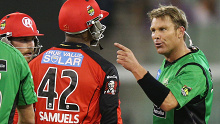 Marlon Samuels clashes with Shane Warne in the BBL in 2013.