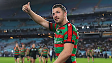 Burgess salutes the Rabbitohs faithful after the Round 25 win over the Roosters