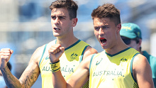 Jacob Thomas Whetton and Tim Brand of Team Australia celebrate the second penalty goal during the Men's Quarterfinal match between Australia and Netherlands on day nine of the Tokyo 2020 Olympic Games at Oi Hockey Stadium on August 01, 2021 in Tokyo, Japan. (Photo by Alexander Hassenstein/Getty Images)