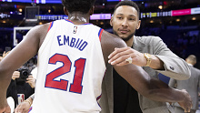 Ben Simmons and Joel Embiid embrace after the 76ers beat the Nets last month.