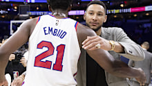 Ben Simmons and Joel Embiid embrace after the 76ers beat the Nets last month.