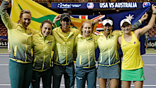 Australia's captain Alicia Molik, left, poses with her team, from left, Kimberly Birrell, Astra Sharma, Daria Gavrilova, Priscilla Hon and Ashleigh Barty