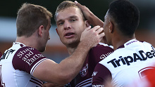 Tom Trbojevic celebrates a try before getting injured in Manly vs Canberra.