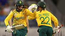 Mignon du Preez and Sune Luus of South Africa celebrate victory over England in the World T20.