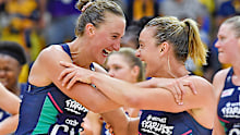 Emily Mannix and Liz Watson of the Vixens celebrate after securing a spot in the Grand Final