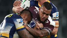 Manly prop Addin Fonua-Blake takes a run against the Eels.