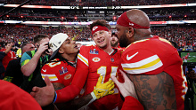 Patrick Mahomes (centre) celebrates with teammates after winning the Super Bowl for Kansas City Chiefs.