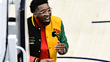 Donovan Mitchell #45 of the Utah Jazz looks on in Game One 
