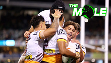 Broncos players celebrate a try in their round 26 clash with the Raiders.