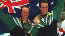 Kieren Perkins (R) with Daniel Kowalski after winning gold at the Atlanta 1996 Olympics.