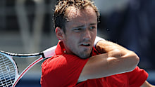 Daniil Medvedev of Team ROC plays a forehand during his Men's Singles Third Round match against Fabio Fognini.