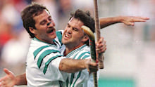 Mark Hager and Stephen Davies celebrate a Kookaburras goal during the 1996 Atlanta Olympics.
