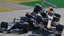 Red Bull's Max Verstappen and Mercedes' Lewis Hamilton collide in frightening fashion at the Italian Grand Prix.