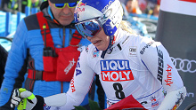 Lindsey Vonn of the USA reacts in the finish area after the Women's Super G race at the FIS Alpine Skiing World Cup event in Cortina d'Ampezzo