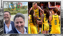 Karl Stefanovic with Mike Sneesby on their visit to the IOC in Switzerland (left) and Lauren Jackson's Opals (right).