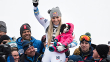 Lindsey Vonn of the USA celebrates with her dog Lucy