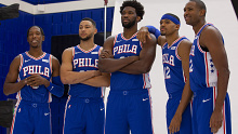 Ben Simmons (second left) with the 76ers' new starting five.