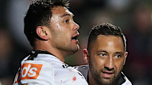 David Nofoaluma (left) and Benji Marshall as Wests Tigers teammates in 2019.