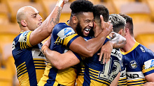 Waqa Blake of the Eels celebrates scoring a try during the round three NRL match between the Brisbane Broncos and the Parramatta Eels at Suncorp Stadium.
