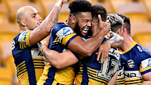 Waqa Blake of the Eels celebrates scoring a try during the round three NRL match between the Brisbane Broncos and the Parramatta Eels at Suncorp Stadium.