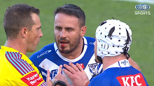 Grant Atkins having a stern word with Josh Reynolds and Bulldogs skipper Reed Mahoney.