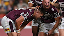  Josh Schuster of the Sea Eagles with skipper Daly Cherry-Evans 