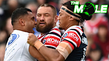 Tevita Pangai Junior taking on Sitili Tupouniua as Jared Waerea-Hargreaves gets involved.
