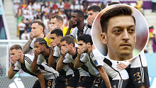 Germany's players protest prior to the clash against Japan. Inset: Mesut Ozil pictured during his time with Germany