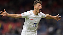 Patrik Schick of Czech Republic celebrates after his historic long-range goal against Scotland.