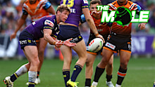 Harry Grant passes the ball in the Storm's round 10 win over the Tigers.