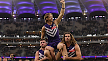 Nathan Fyfe chaired off after his final game.