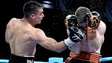 Tim Tszyu lands a heavy right hand on Jeff Horn in their Townsville fight.