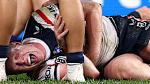 Drew Hutchison of the Roosters after being kneed by Eels player Dylan Brown.